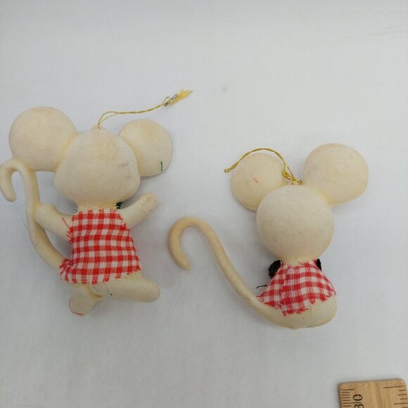 Flocked Christmas Mouse Ornament Mid Century MCM White Set Of 2 READ Vintage - Picture 4 of 7